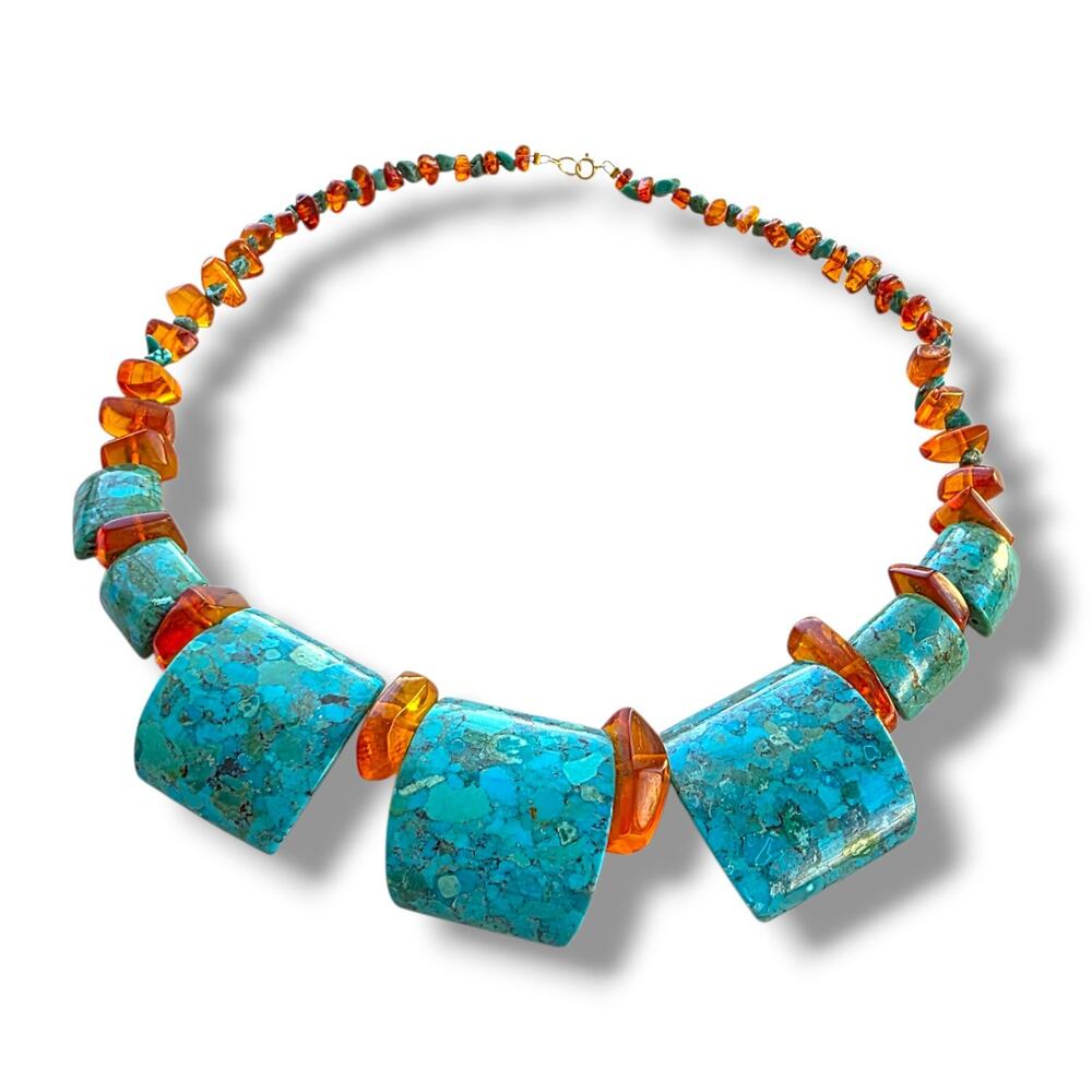 SX‎ QVC LEE SANDS AMBER NUGGET TURQUOISE NECKLACE Signed 14K Hold Filled Coastal